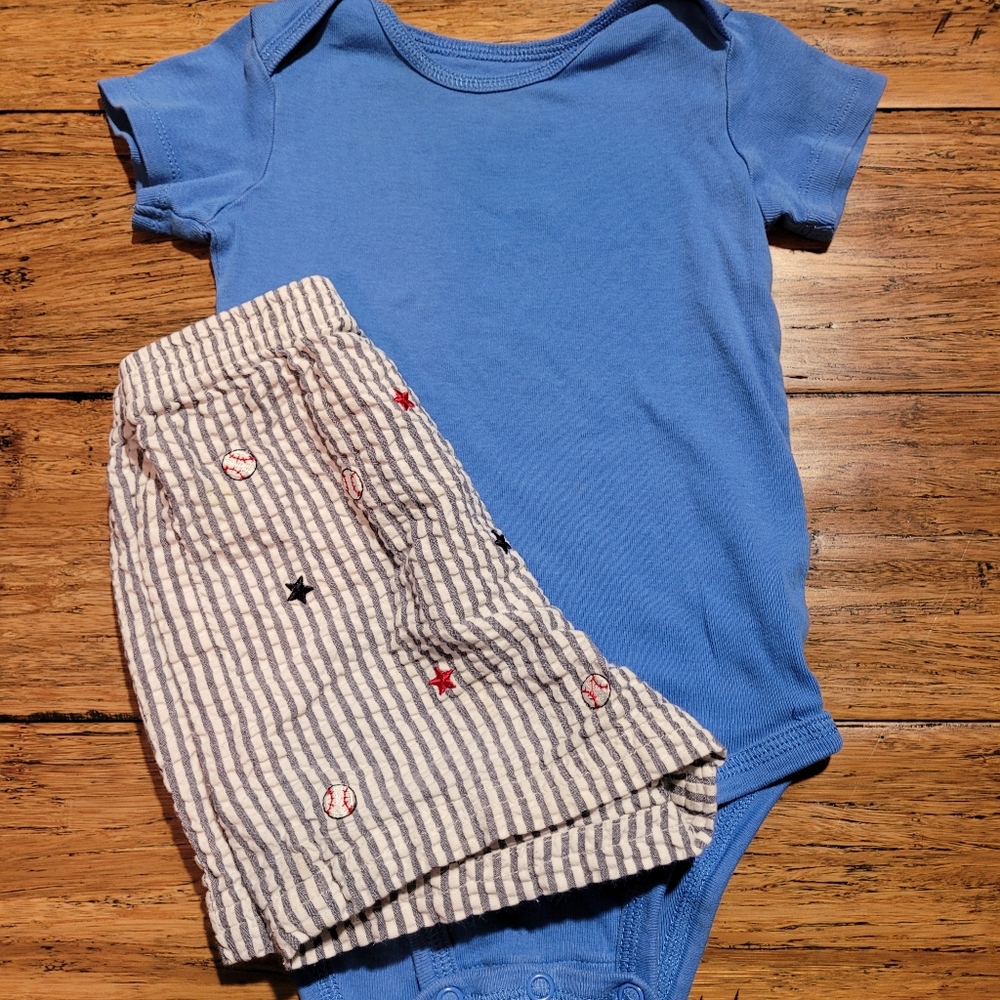 5/$20 blue onsie and baseball design shorts